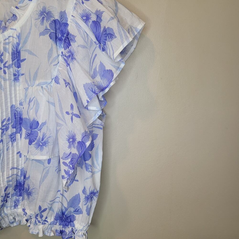 Love Shack Fancy Cotton Floral Blue White ButtonUp Cropped Nora Top XS Boho Chic - Picture 7 of 14